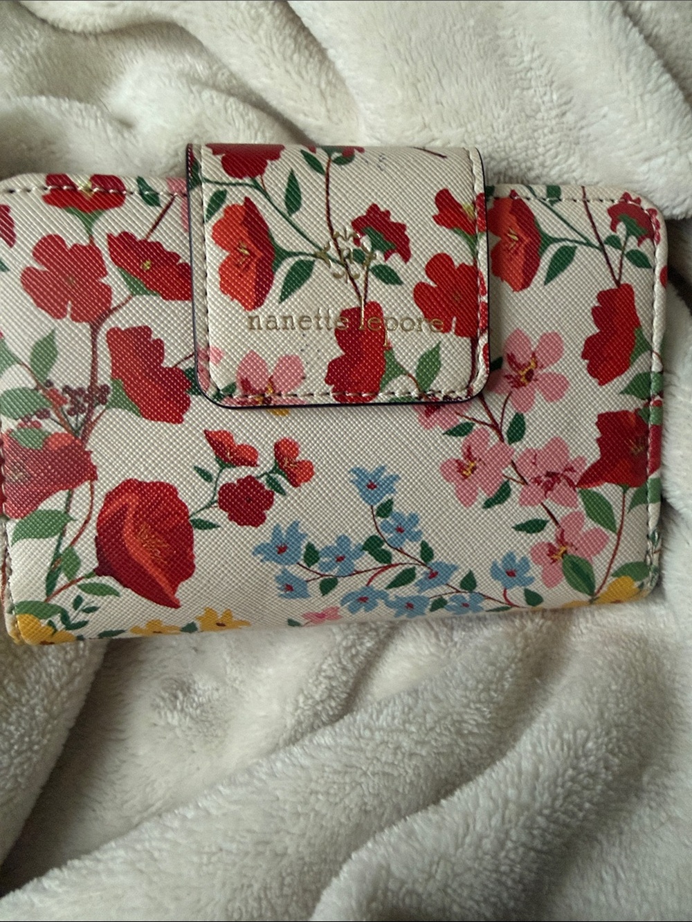 Nanette Lepore Floral Wallet Six Slot in Cream with Red, Pink & Blue Accents